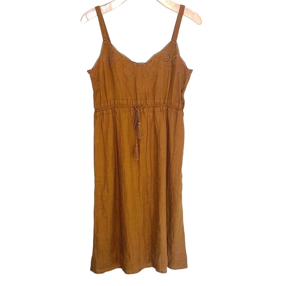 J. Crew golden brandy linen drawstring dress with embroidery size 10 - Picture 2 of 8